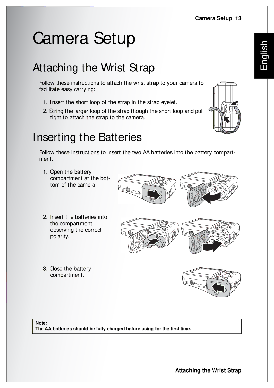 Sanyo VPC-S750 user manual Camera Setup, Attaching the Wrist Strap, Inserting the Batteries 