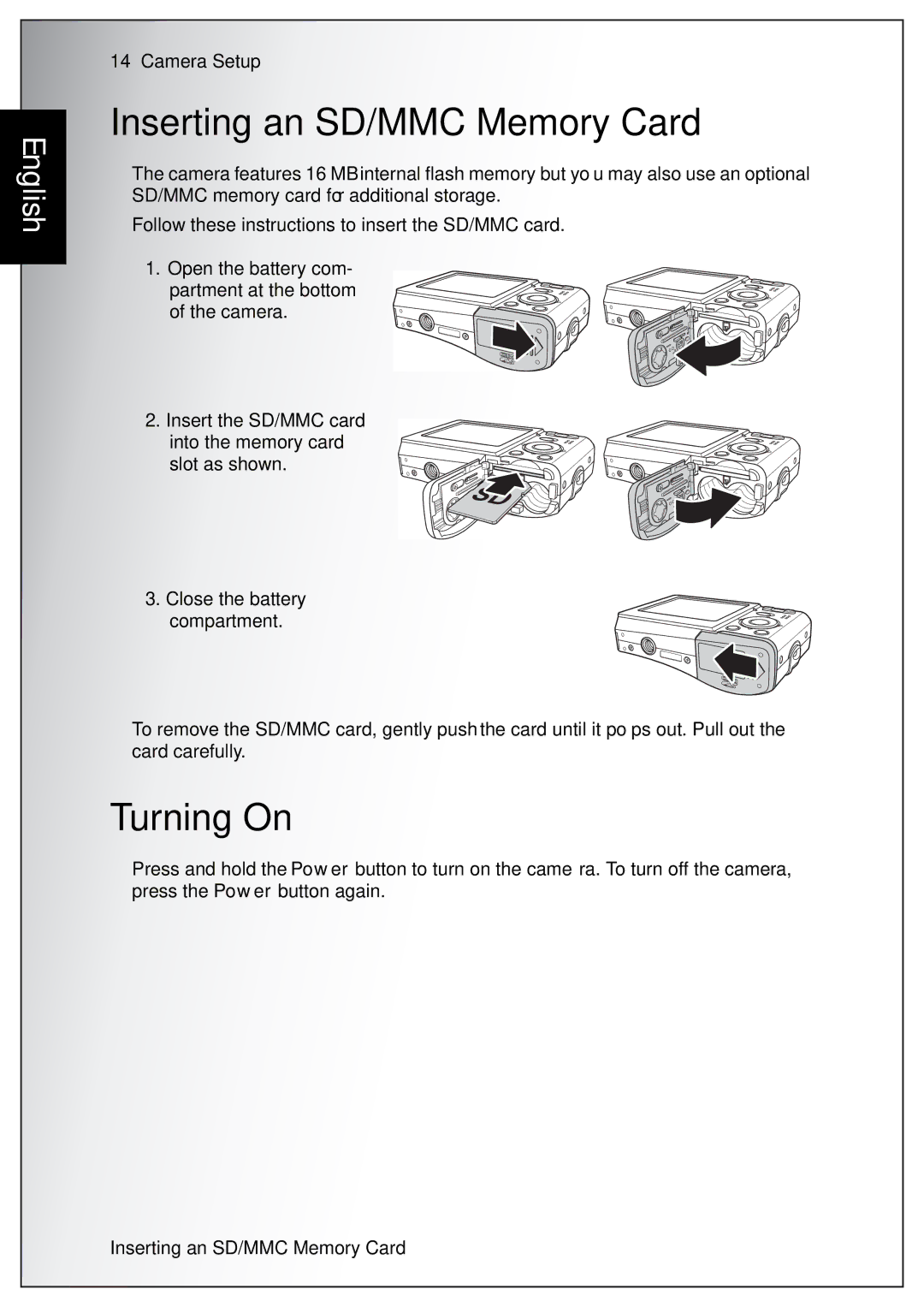 Sanyo VPC-S750 user manual Inserting an SD/MMC Memory Card, Turning On 