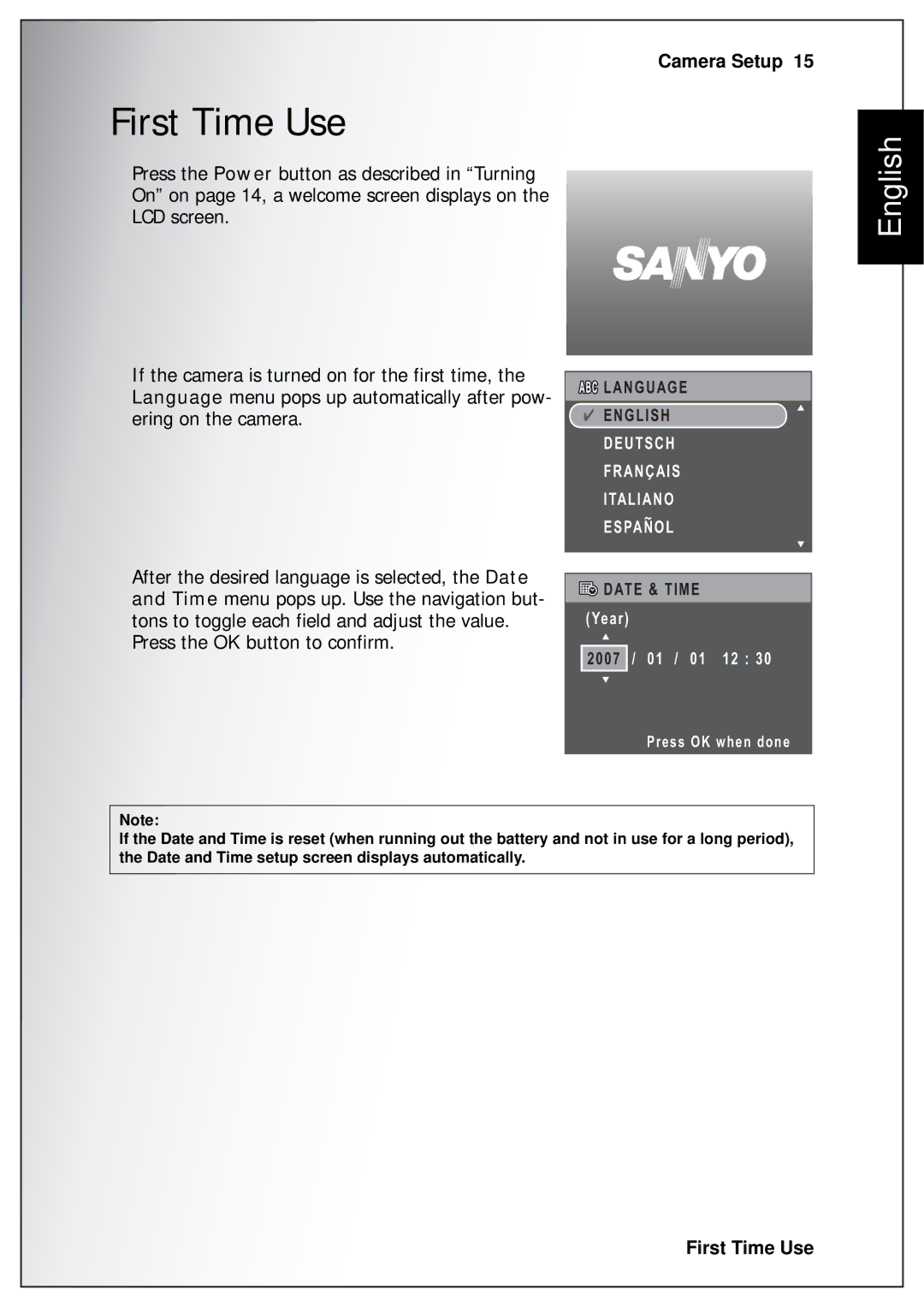 Sanyo VPC-S750 user manual First Time Use, 2007 / 01 / 01 12 