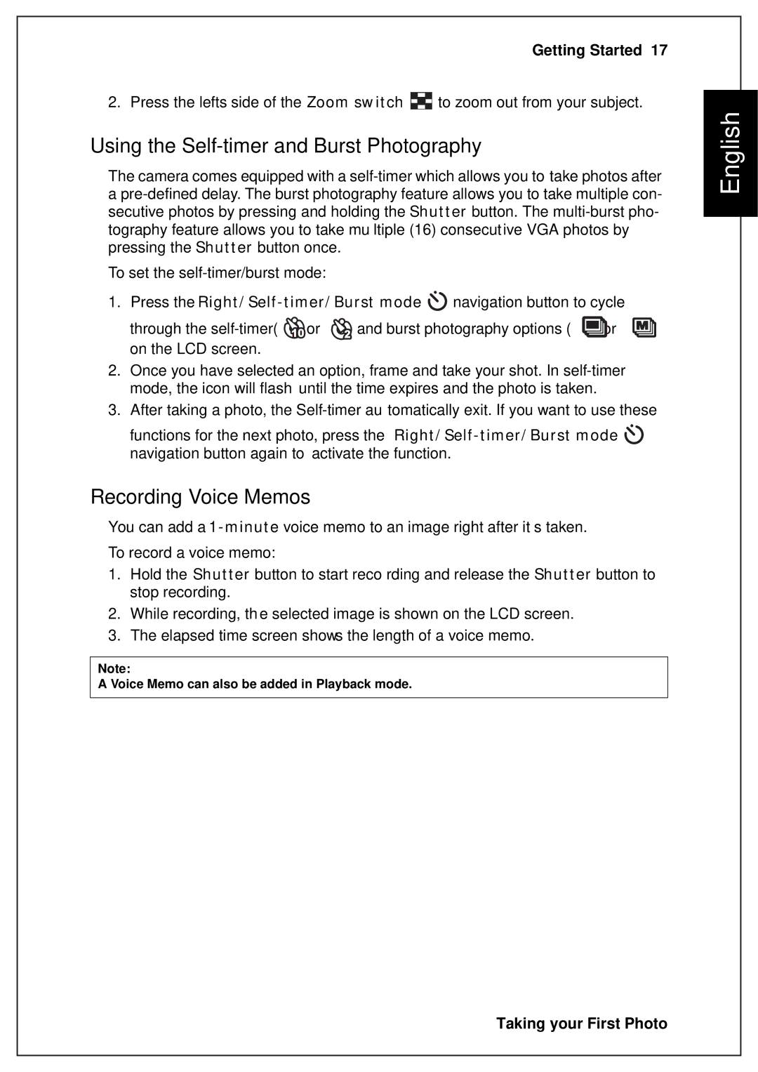 Sanyo VPC-S750 user manual Using the Self-timer and Burst Photography, Recording Voice Memos 