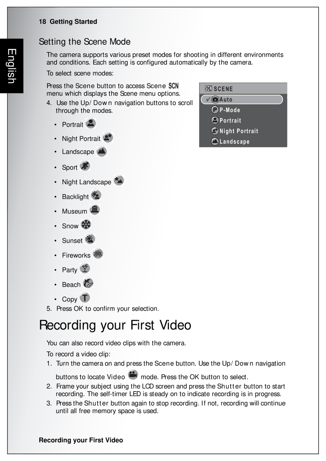 Sanyo VPC-S750 user manual Recording your First Video, Setting the Scene Mode 