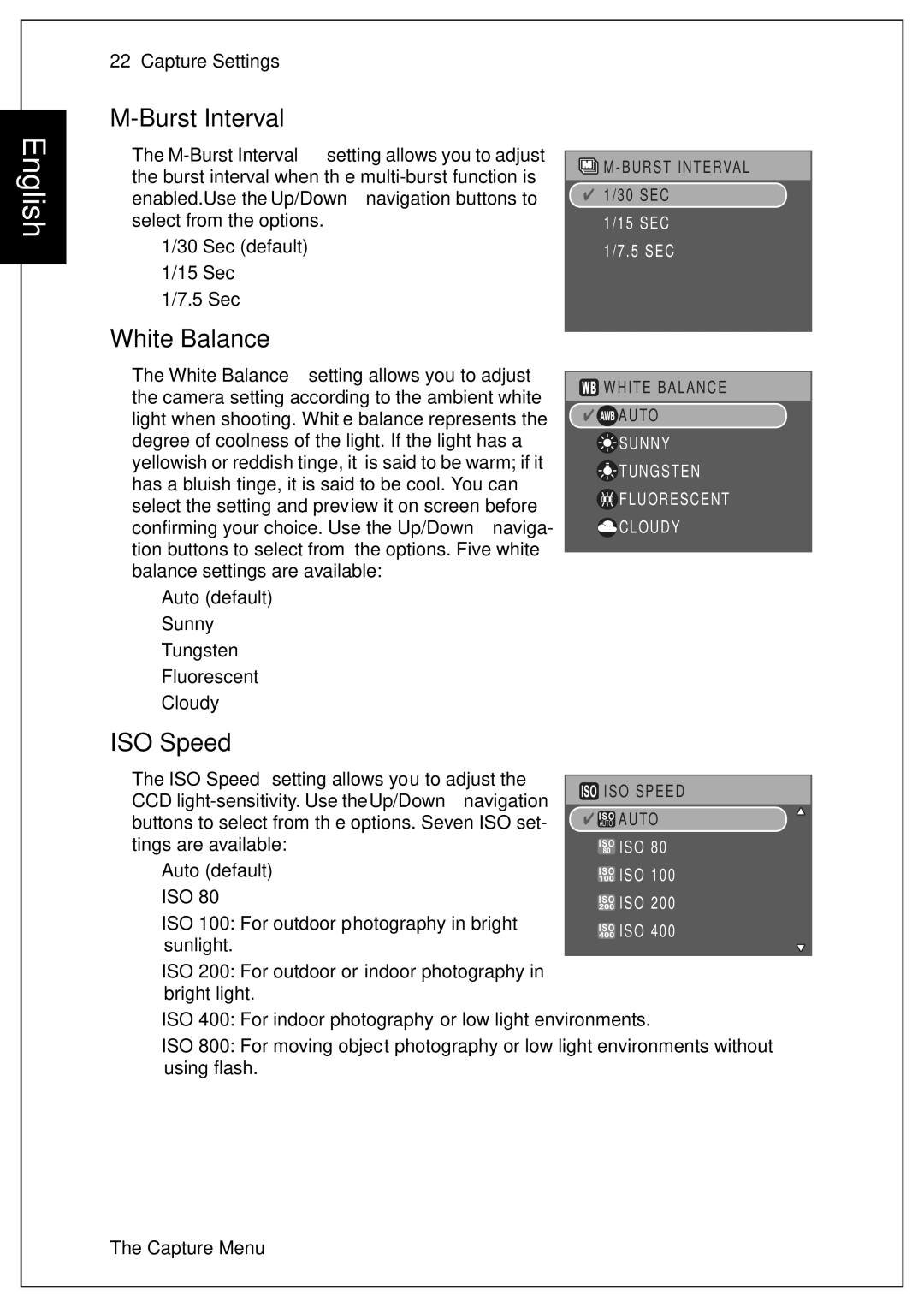 Sanyo VPC-S750 user manual Burst Interval, White Balance, ISO Speed 