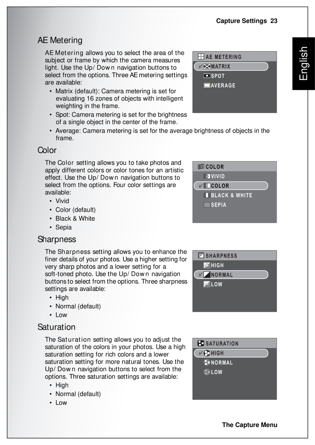 Sanyo VPC-S750 user manual AE Metering, Color, Sharpness, Saturation 