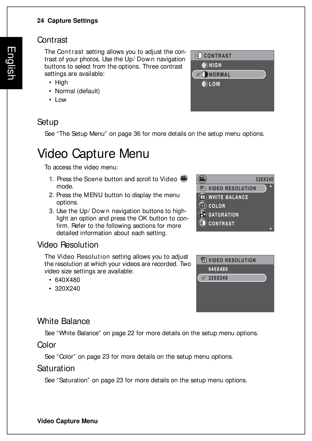 Sanyo VPC-S750 user manual Video Capture Menu, Contrast, Setup, Video Resolution 