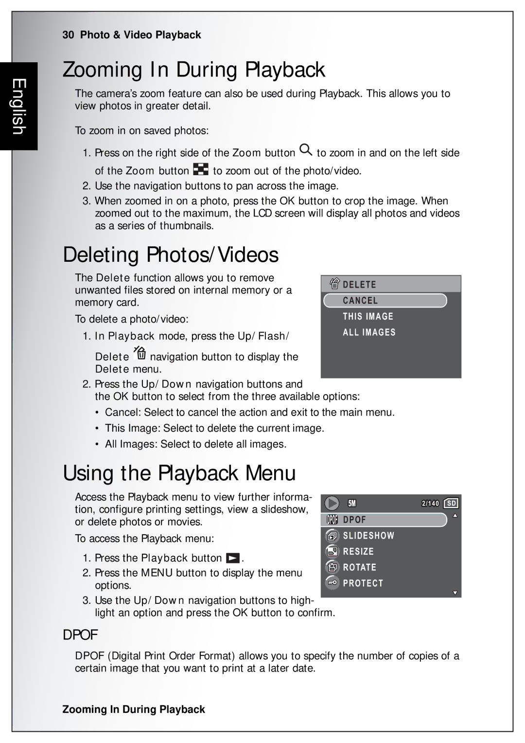 Sanyo VPC-S750 user manual Zooming In During Playback, Deleting Photos/Videos, Using the Playback Menu 