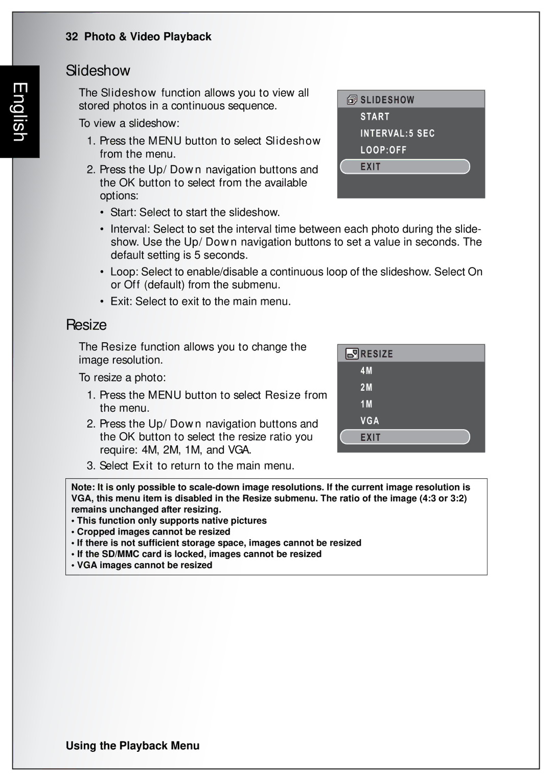 Sanyo VPC-S750 user manual Slideshow, Resize 