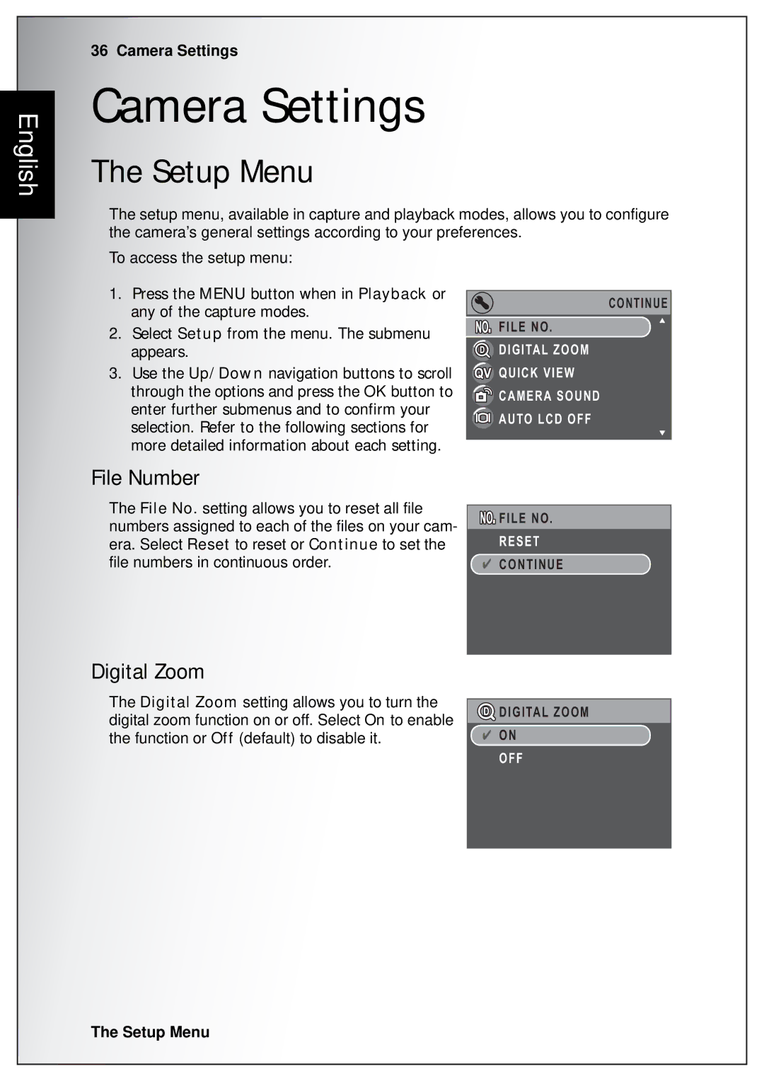 Sanyo VPC-S750 user manual Camera Settings, Setup Menu, File Number, Digital Zoom 