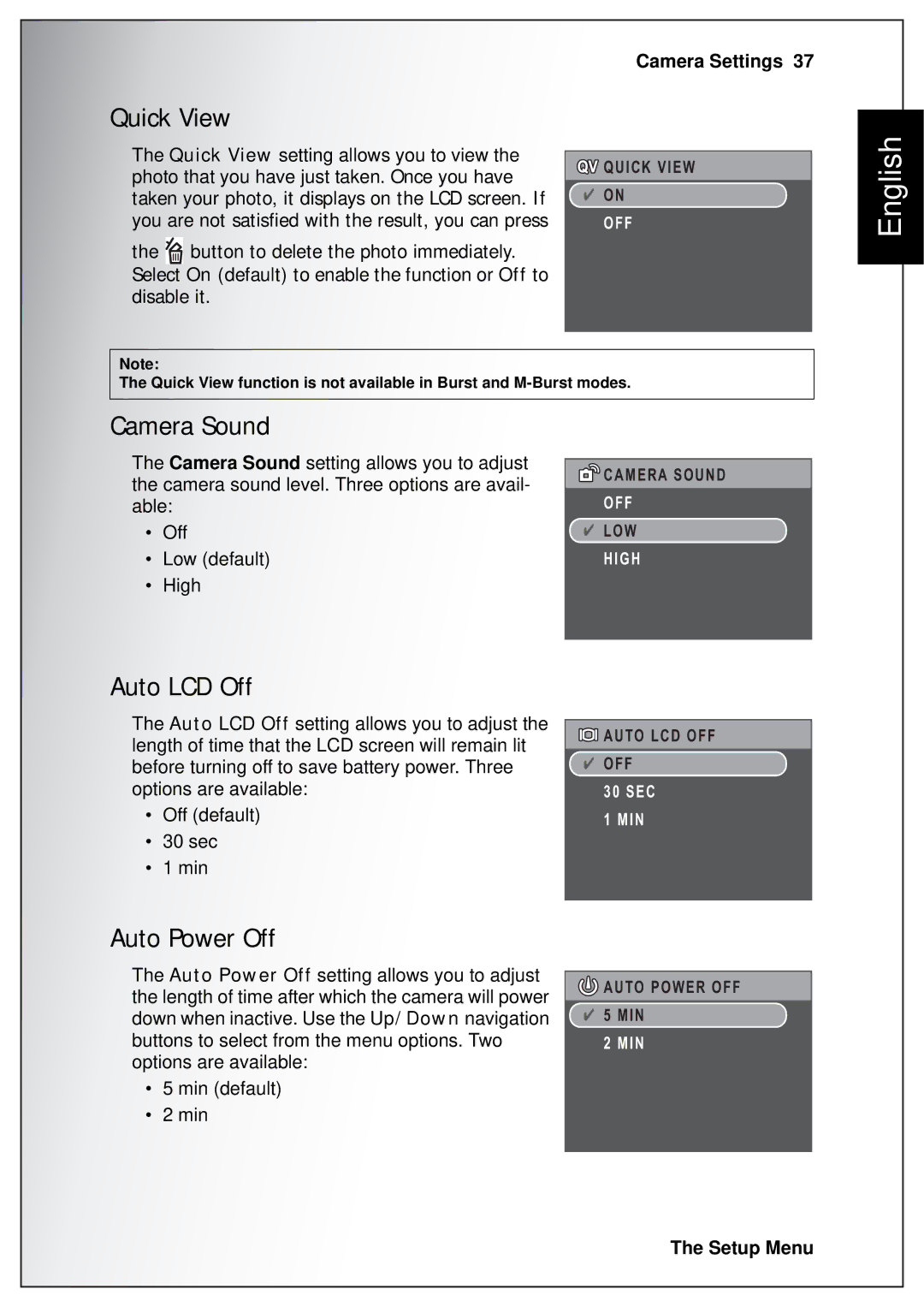 Sanyo VPC-S750 user manual Quick View, Camera Sound, Auto LCD Off, Auto Power Off 