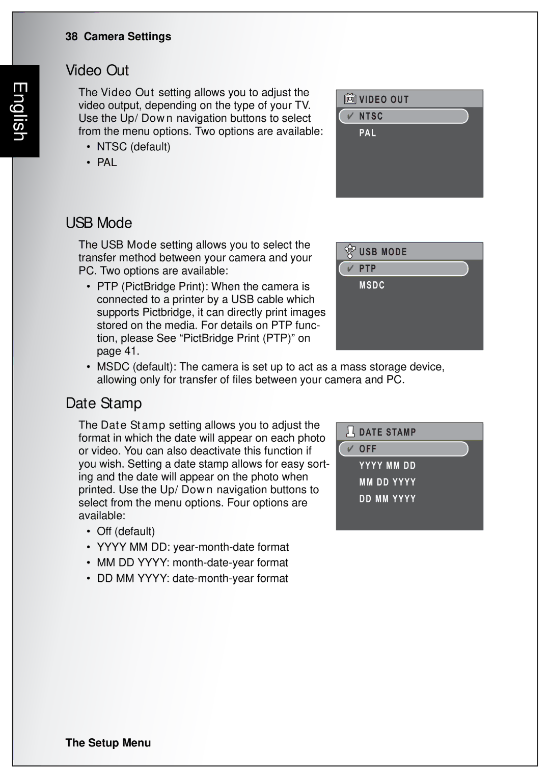 Sanyo VPC-S750 user manual Video Out, USB Mode, Date Stamp 