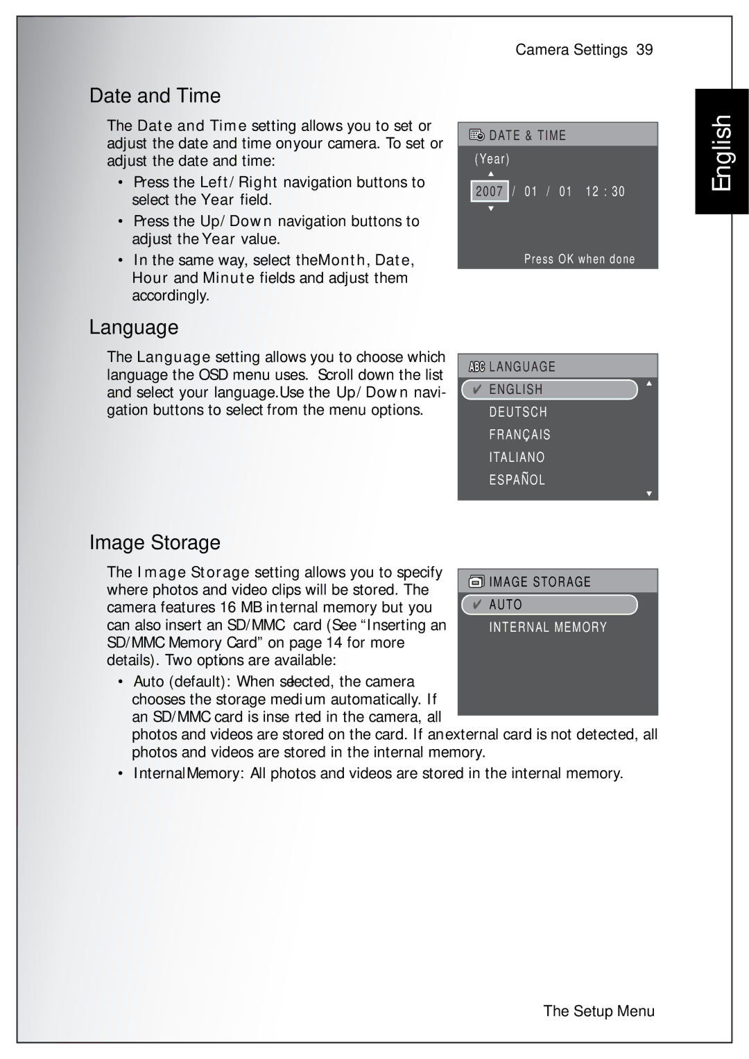 Sanyo VPC-S750 user manual Date and Time, Language, Image Storage 