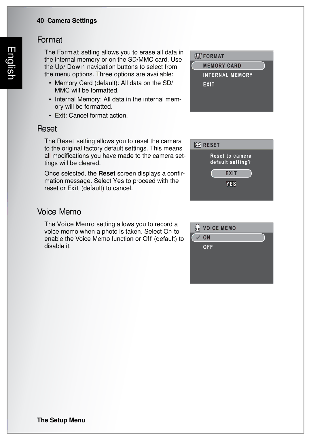 Sanyo VPC-S750 user manual Format, Reset, Voice Memo 