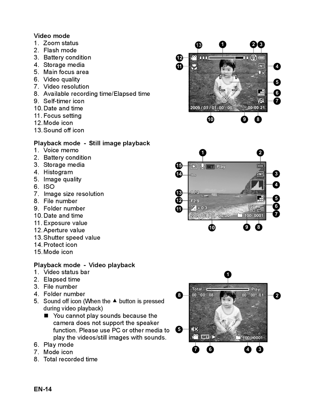 Sanyo VPC-S885 instruction manual Playback mode Still image playback, Playback mode Video playback, EN-14 