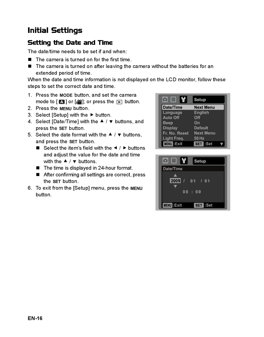 Sanyo VPC-S885 instruction manual Initial Settings, Setting the Date and Time, EN-16 