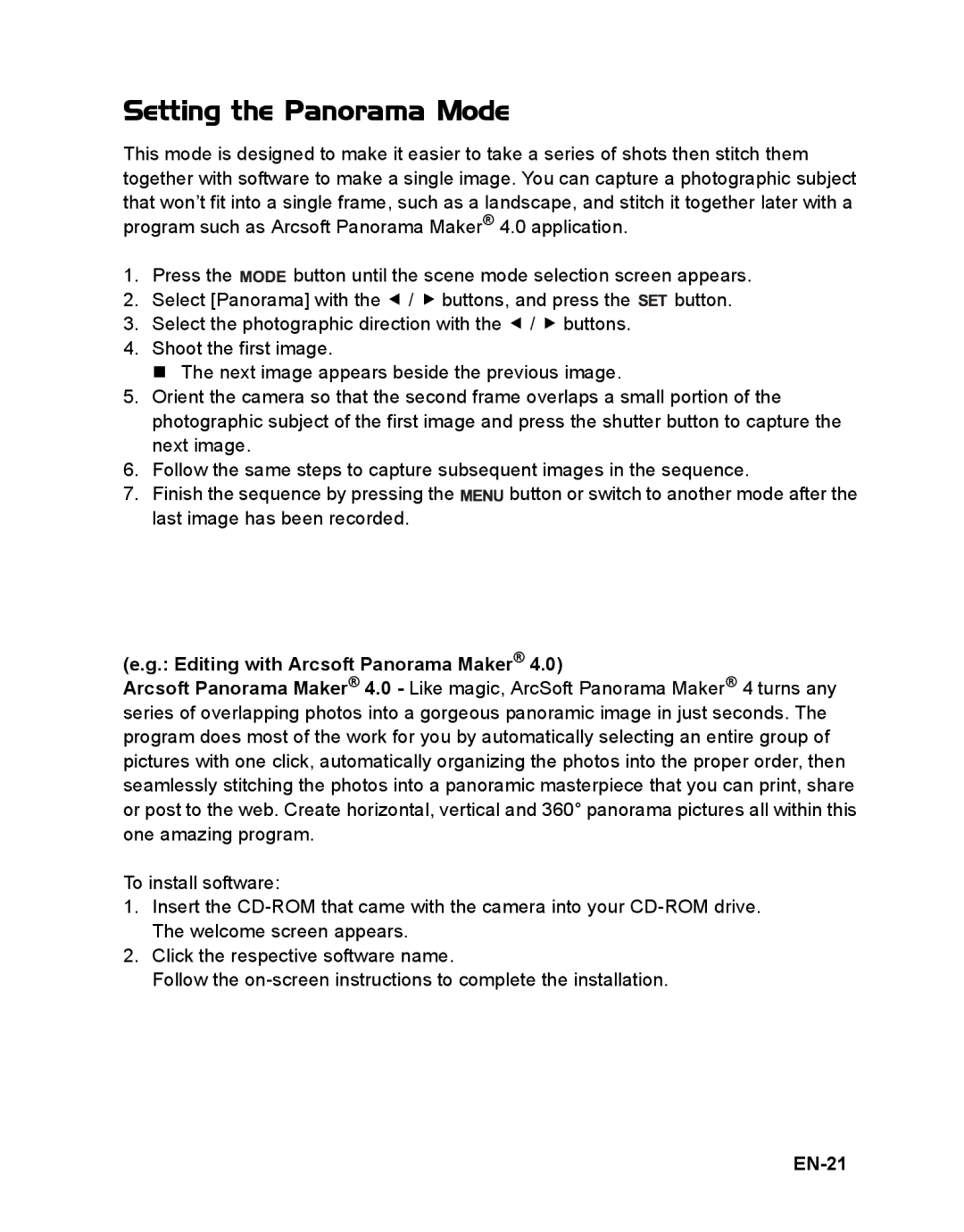 Sanyo VPC-S885 instruction manual Setting the Panorama Mode, Editing with Arcsoft Panorama Maker, EN-21 