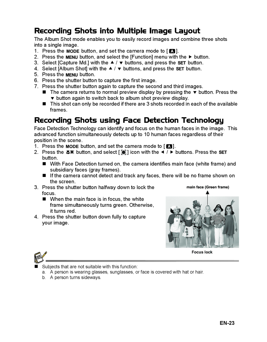 Sanyo VPC-S885 Recording Shots into Multiple Image Layout, Recording Shots using Face Detection Technology, EN-23 