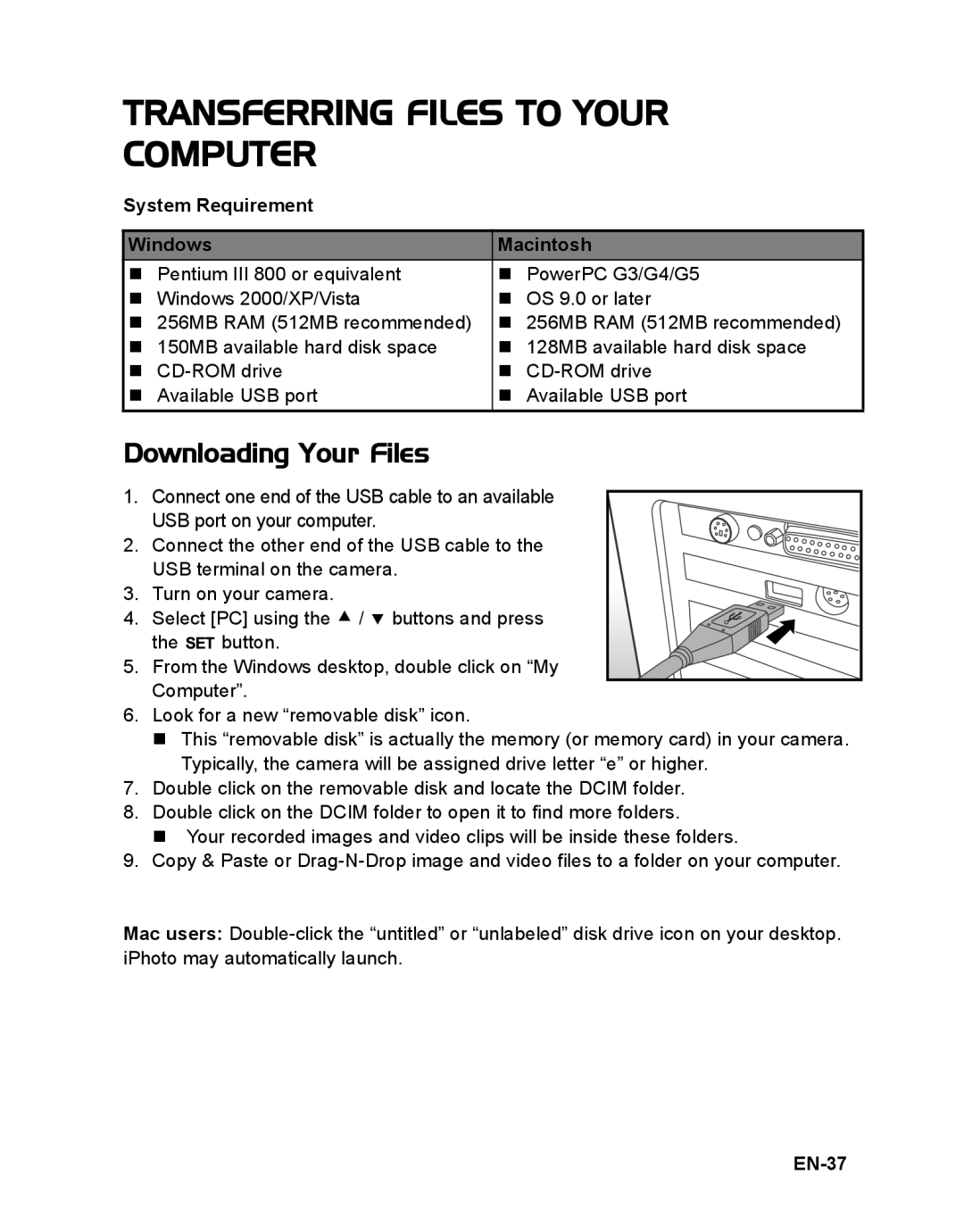 Sanyo VPC-S885 Transferring Files to Your Computer, Downloading Your Files, System Requirement Windows Macintosh, EN-37 