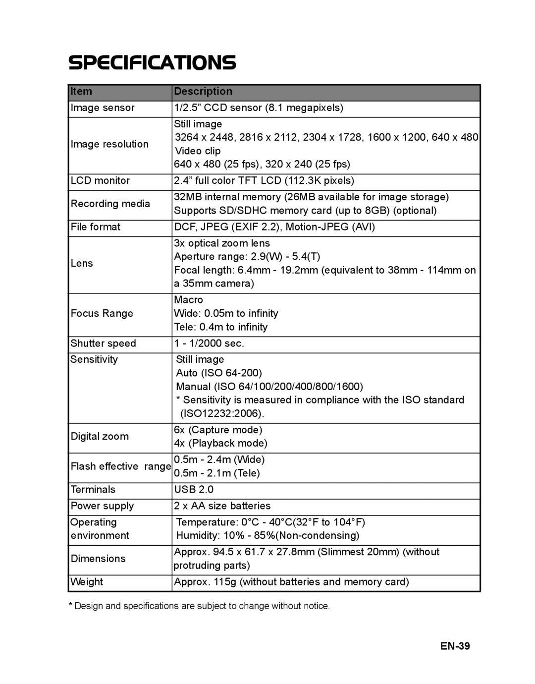 Sanyo VPC-S885 instruction manual Specifications, EN-39 