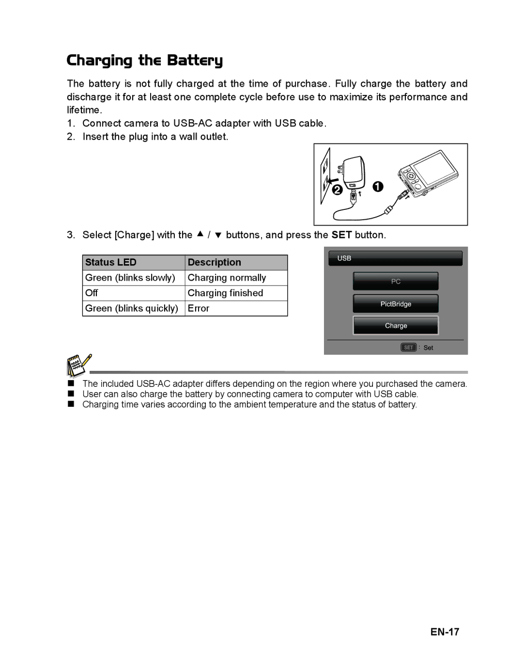 Sanyo VPC-T1496 manual Charging the Battery, EN-17 