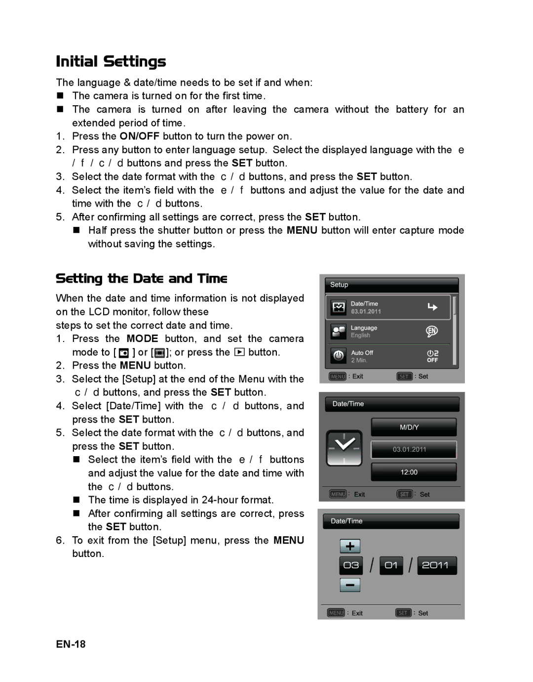 Sanyo VPC-T1496 manual Initial Settings, Setting the Date and Time, EN-18 