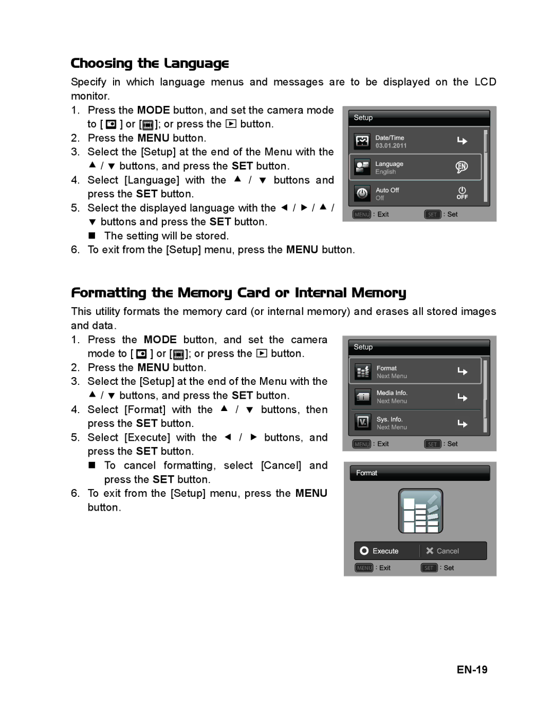 Sanyo VPC-T1496 manual Choosing the Language, Formatting the Memory Card or Internal Memory, EN-19 