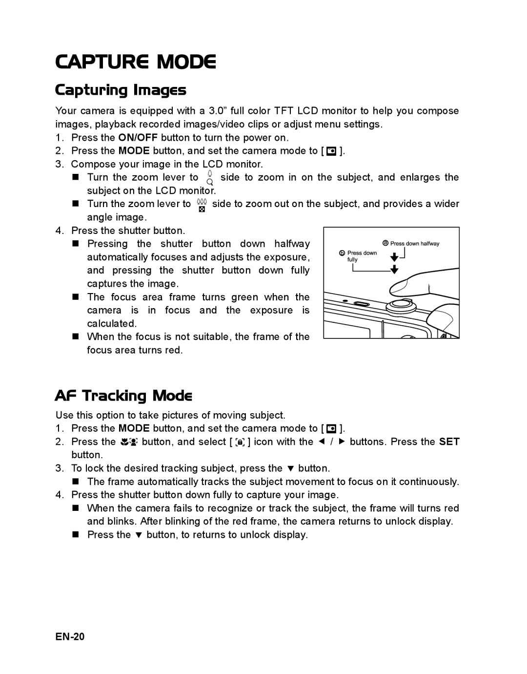 Sanyo VPC-T1496 manual Capture Mode, Capturing Images, AF Tracking Mode, EN-20 