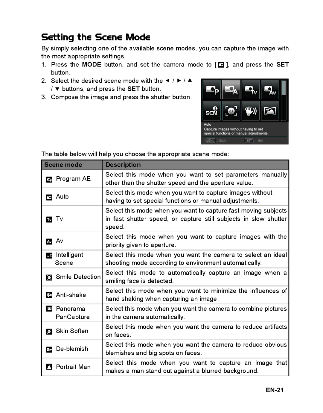 Sanyo VPC-T1496 manual Setting the Scene Mode, Scene mode Description, EN-21 