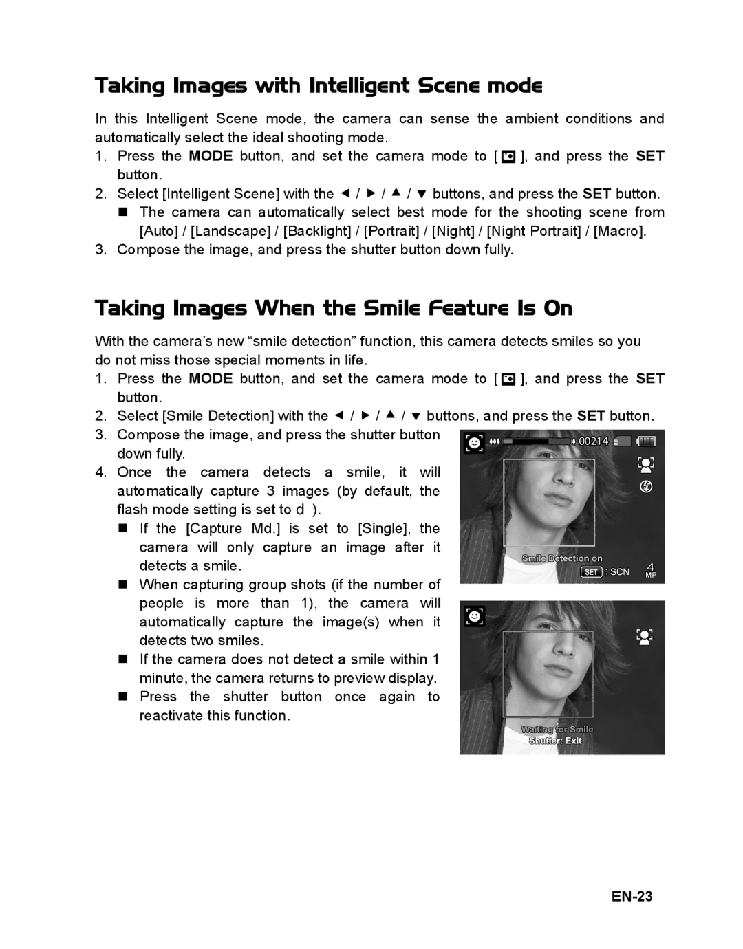 Sanyo VPC-T1496 manual Taking Images with Intelligent Scene mode, Taking Images When the Smile Feature Is On, EN-23 