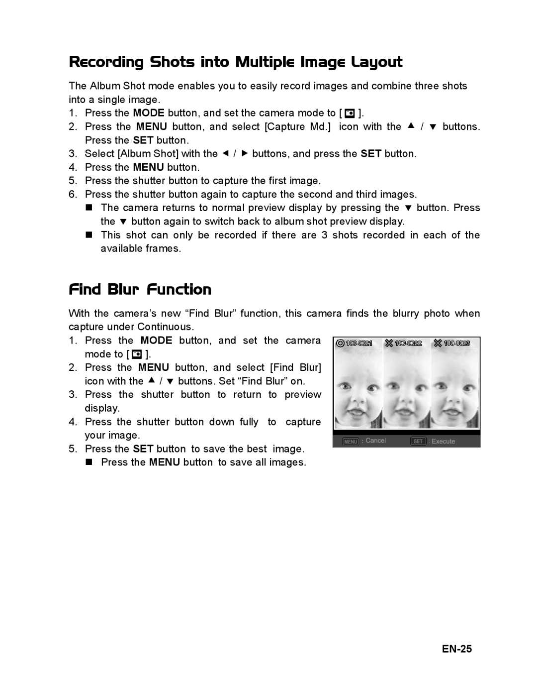 Sanyo VPC-T1496 manual Recording Shots into Multiple Image Layout, Find Blur Function, EN-25 