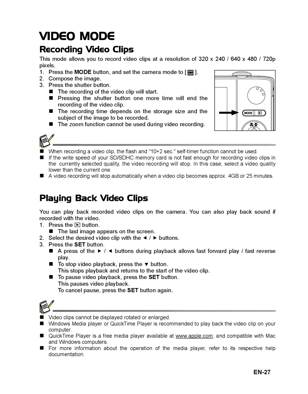 Sanyo VPC-T1496 manual Video Mode, Recording Video Clips, Playing Back Video Clips, EN-27 