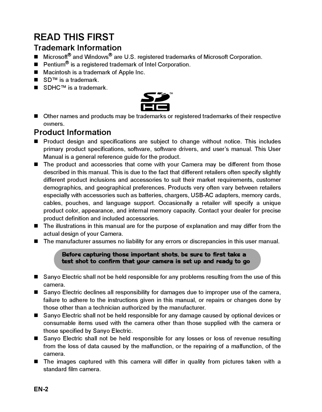 Sanyo VPC-T1496 manual Trademark Information, Product Information, EN-2 