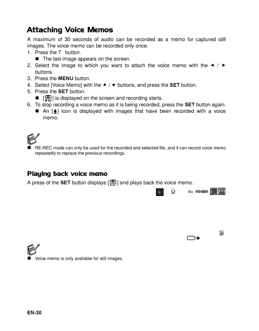 Sanyo VPC-T1496 manual Attaching Voice Memos, Playing back voice memo, EN-30 