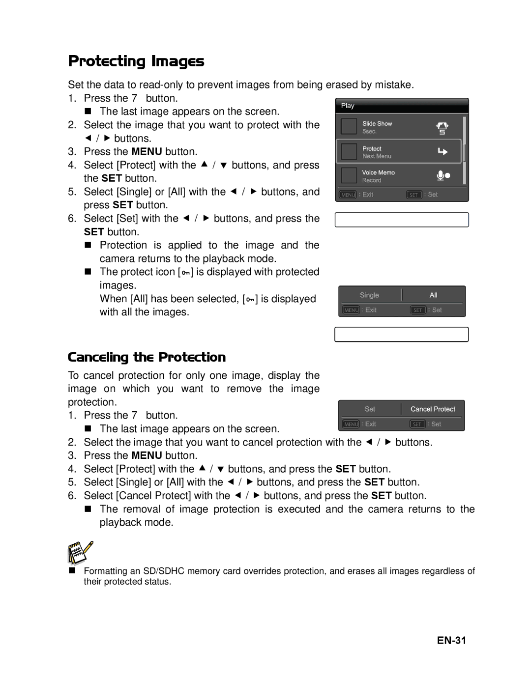 Sanyo VPC-T1496 manual Protecting Images, Canceling the Protection, EN-31 