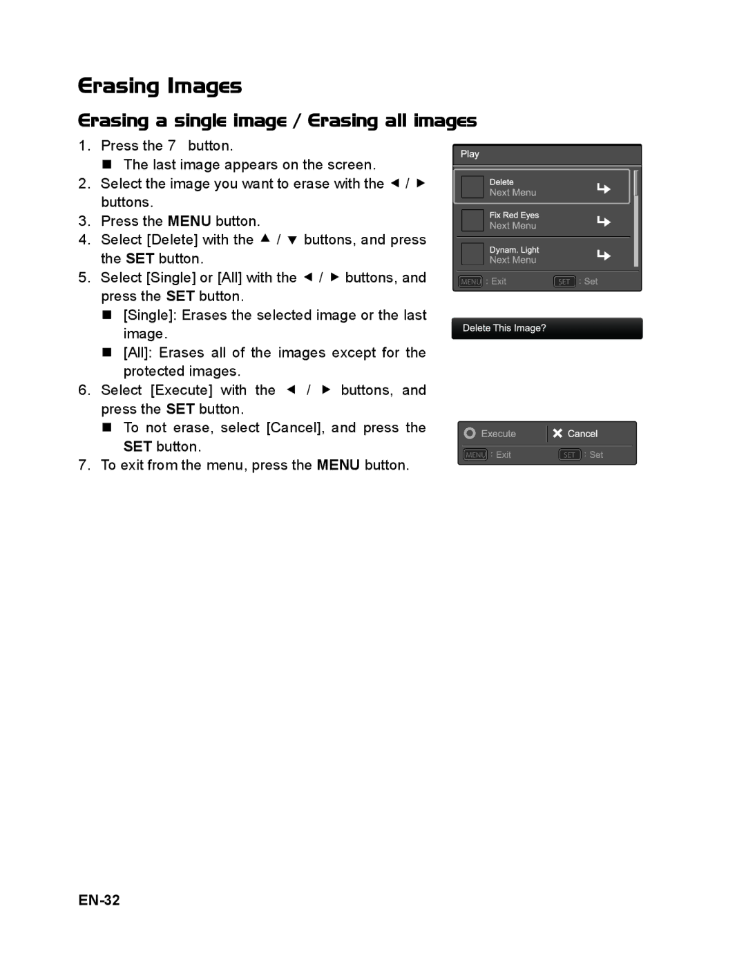 Sanyo VPC-T1496 manual Erasing Images, Erasing a single image / Erasing all images, EN-32 