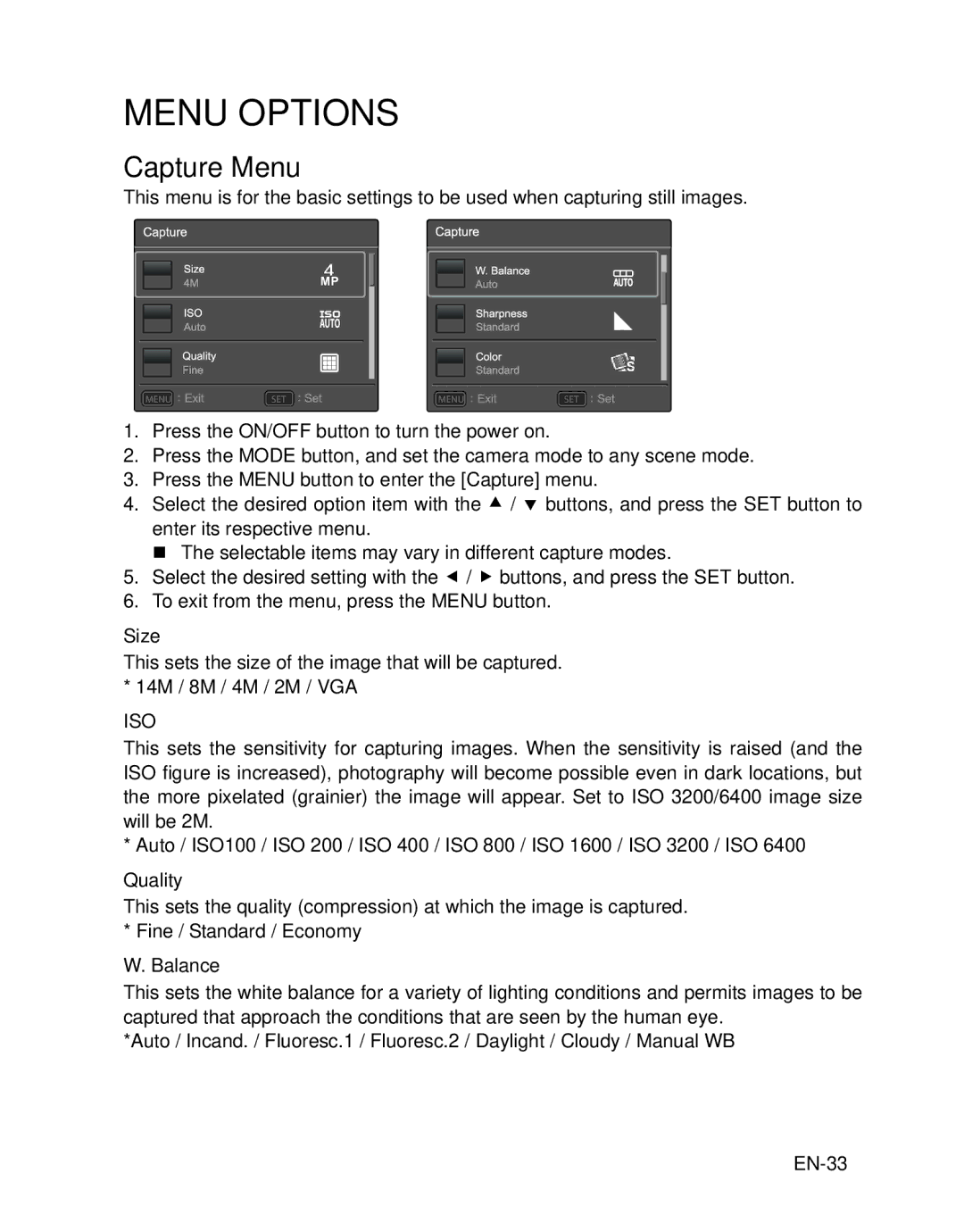 Sanyo VPC-T1496 manual Menu Options, Capture Menu 