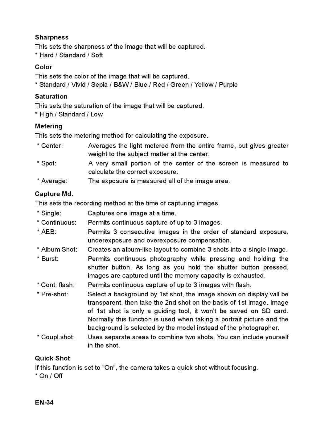 Sanyo VPC-T1496 manual Sharpness, Color, Saturation, Metering, Capture Md, Quick Shot, EN-34 