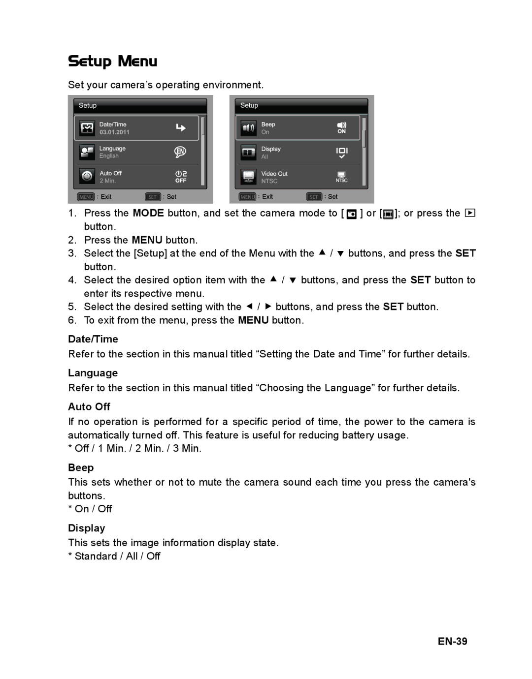 Sanyo VPC-T1496 manual Setup Menu 