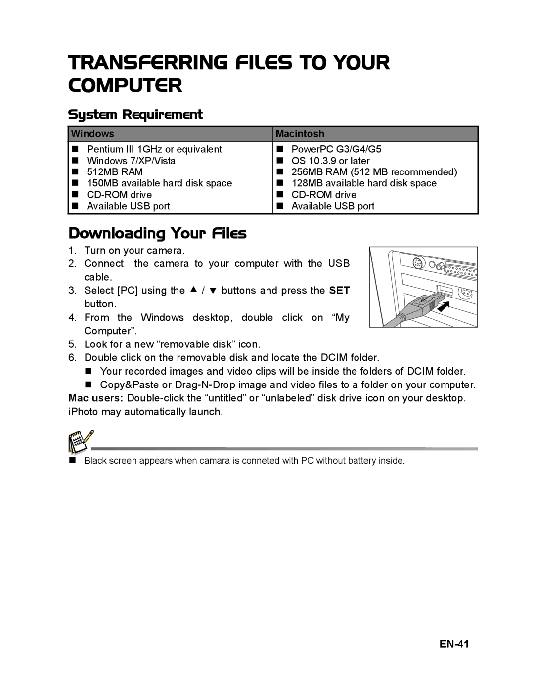 Sanyo VPC-T1496 manual Transferring Files to Your Computer, Downloading Your Files, System Requirement, EN-41 