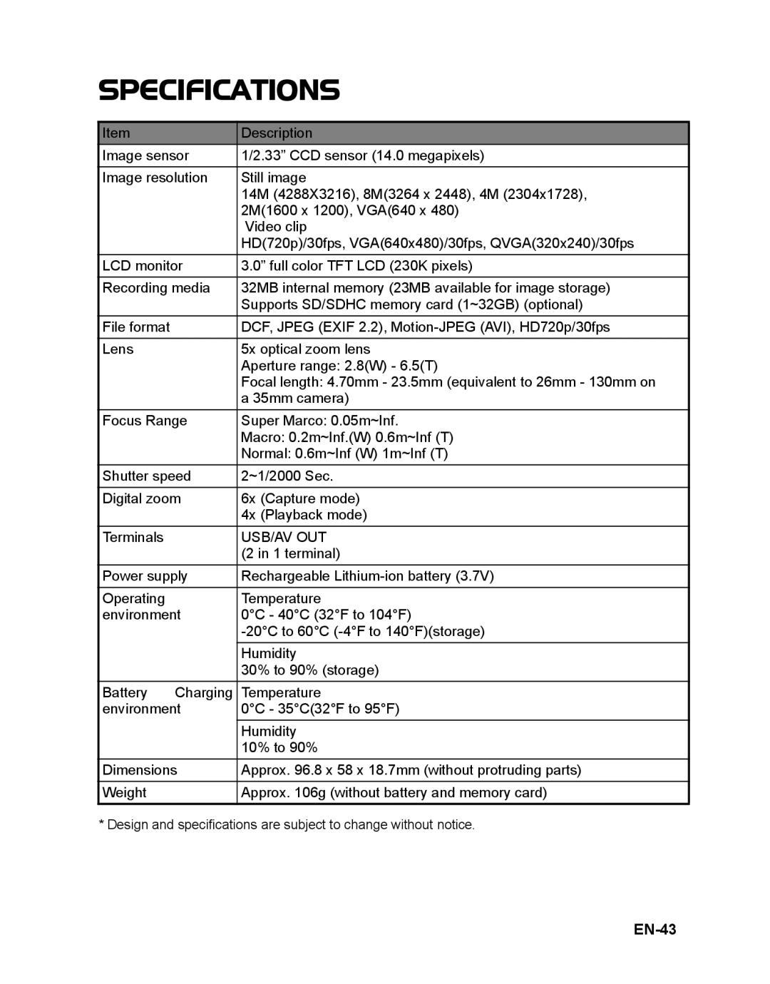 Sanyo VPC-T1496 manual Specifications, EN-43 