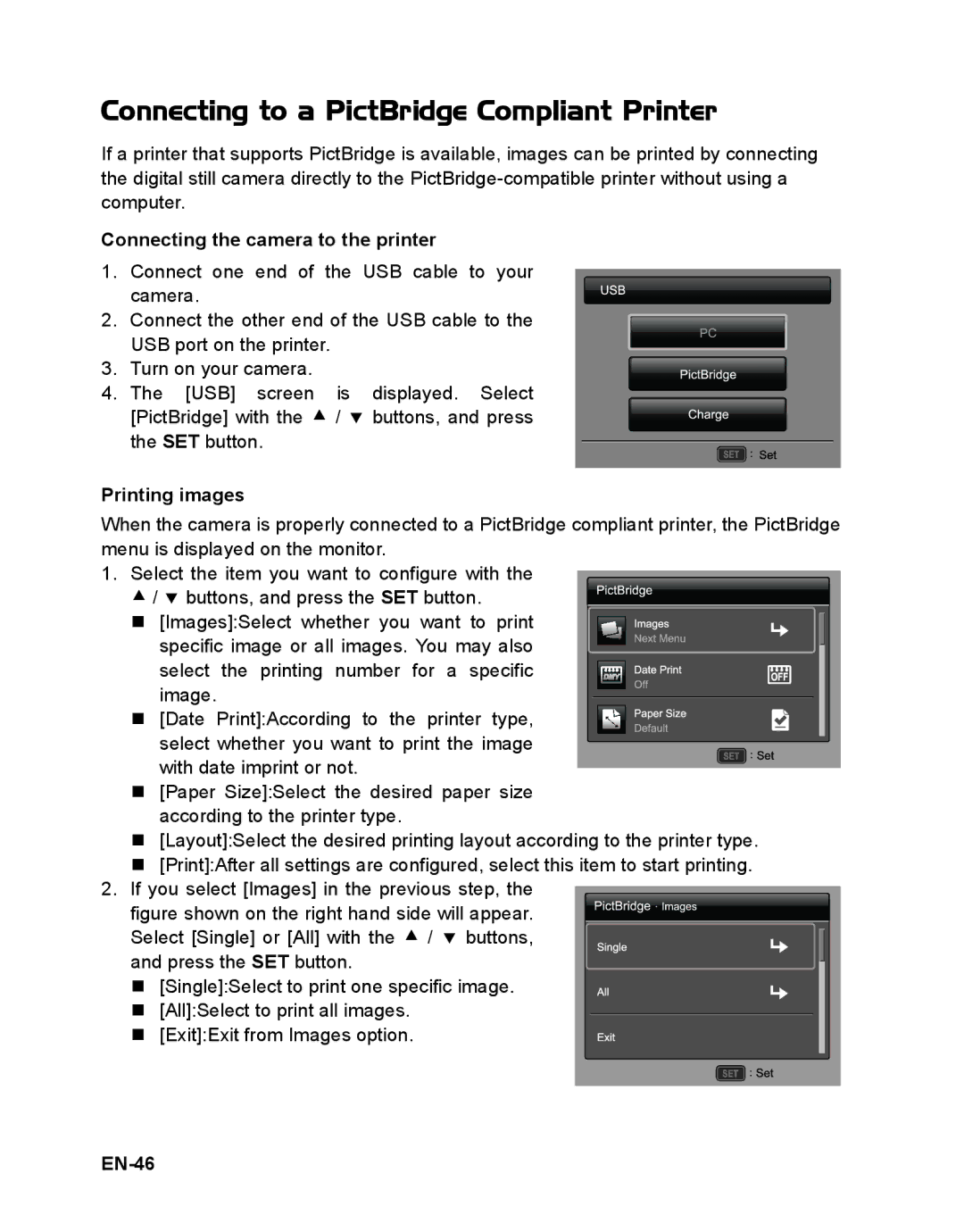 Sanyo VPC-T1496 Connecting to a PictBridge Compliant Printer, Connecting the camera to the printer, Printing images, EN-46 