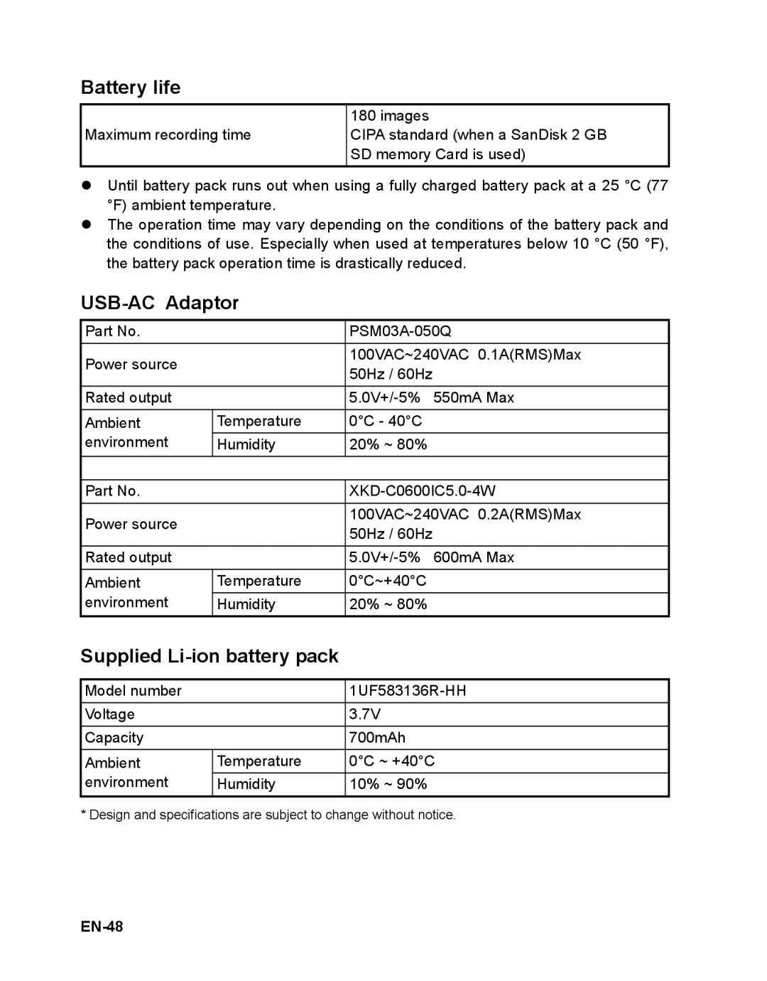 Sanyo VPC-T1496 manual Battery life, USB-AC Adaptor, Supplied Li-ion battery pack, EN-48 