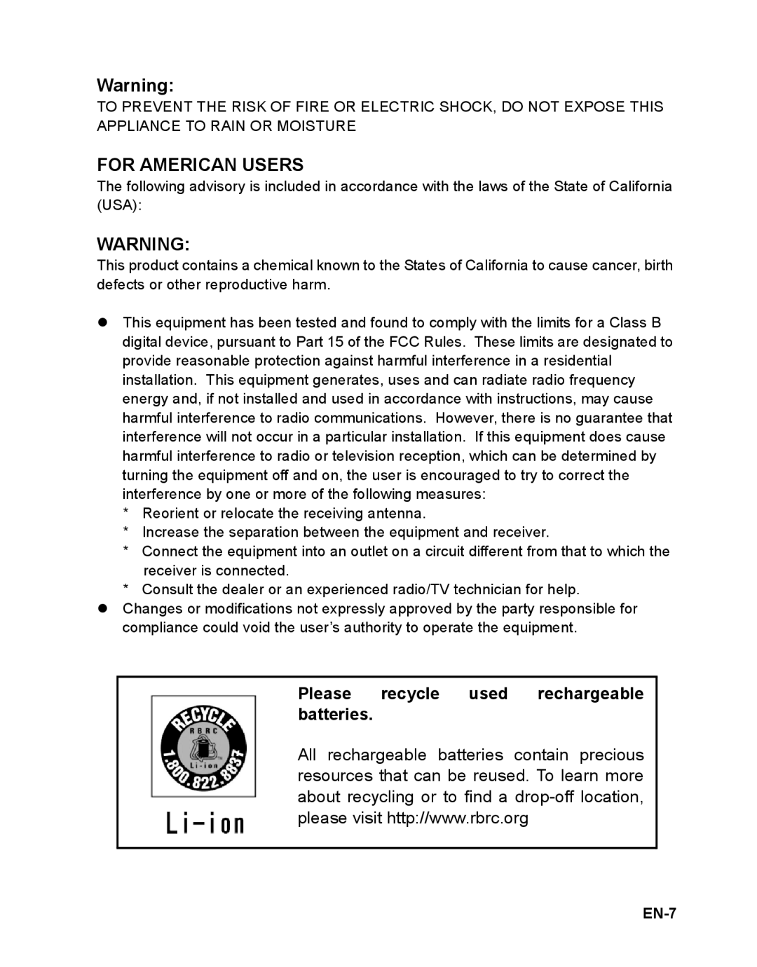 Sanyo VPC-T1496 manual For American Users, EN-7 