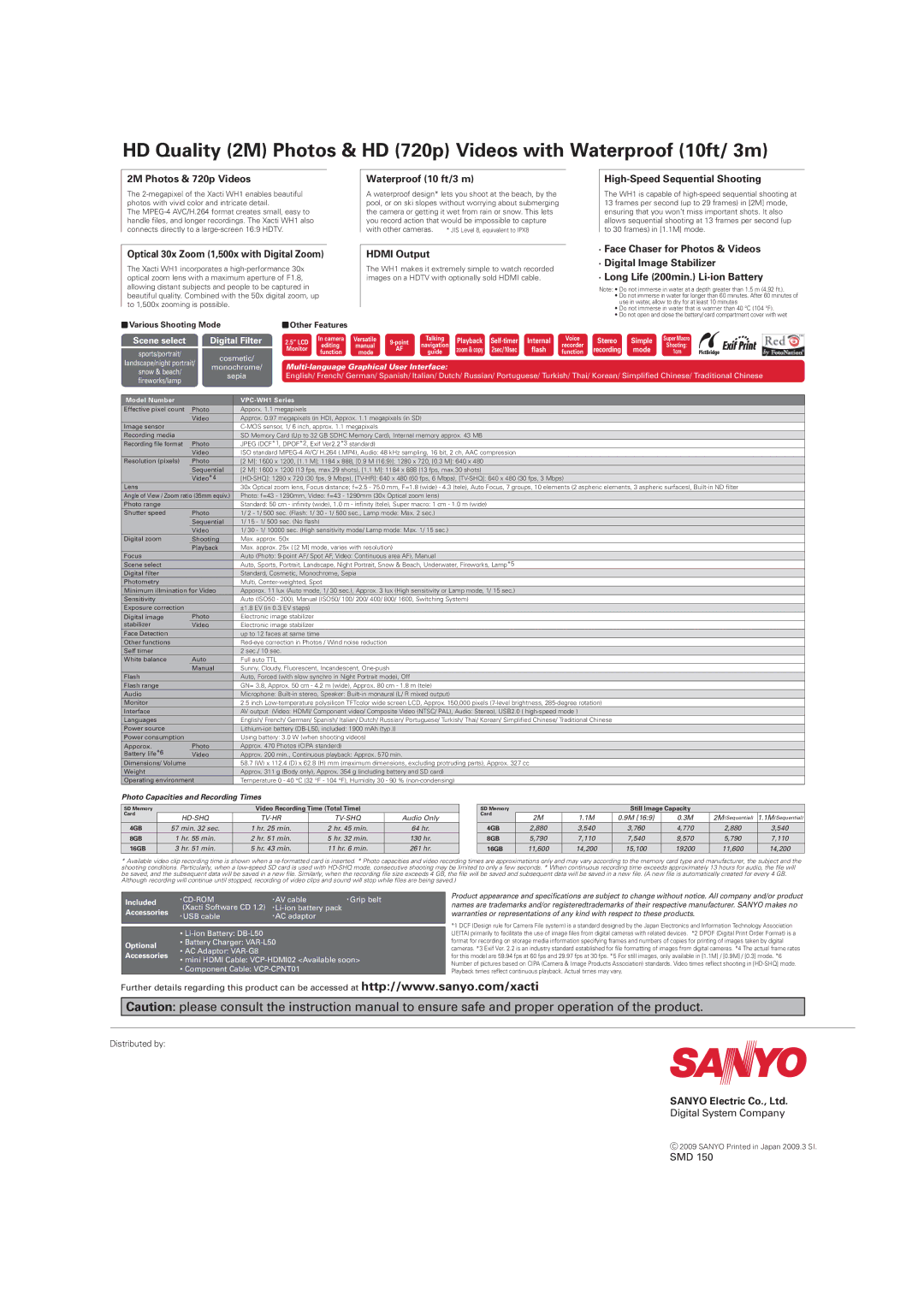 Sanyo VPC-WH1 manual 2M Photos & 720p Videos, Waterproof 10 ft/3 m, High-Speed Sequential Shooting, Hdmi Output 