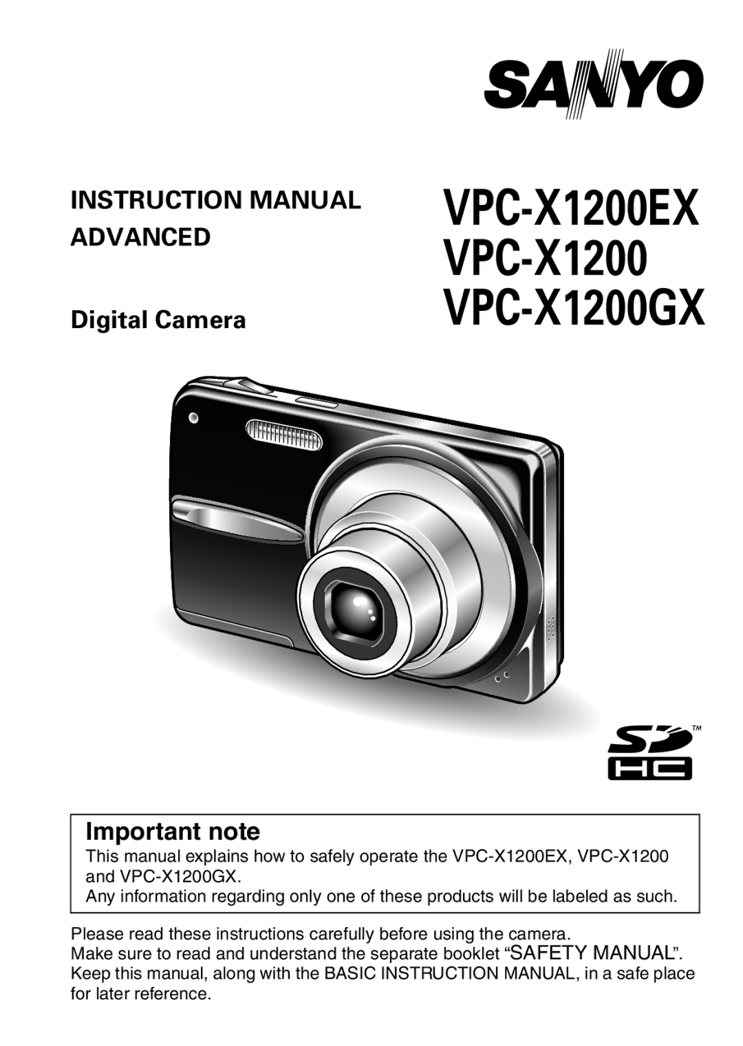 Sanyo instruction manual VPC-X1200EX VPC-X1200 VPC-X1200GX, Important note 