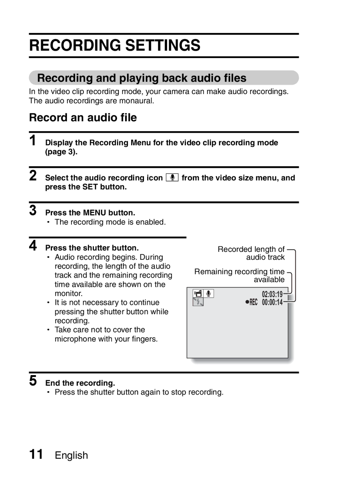 Sanyo VPC-X1200GX, VPC-X1200EX Recording Settings, Recording and playing back audio files, Record an audio file 