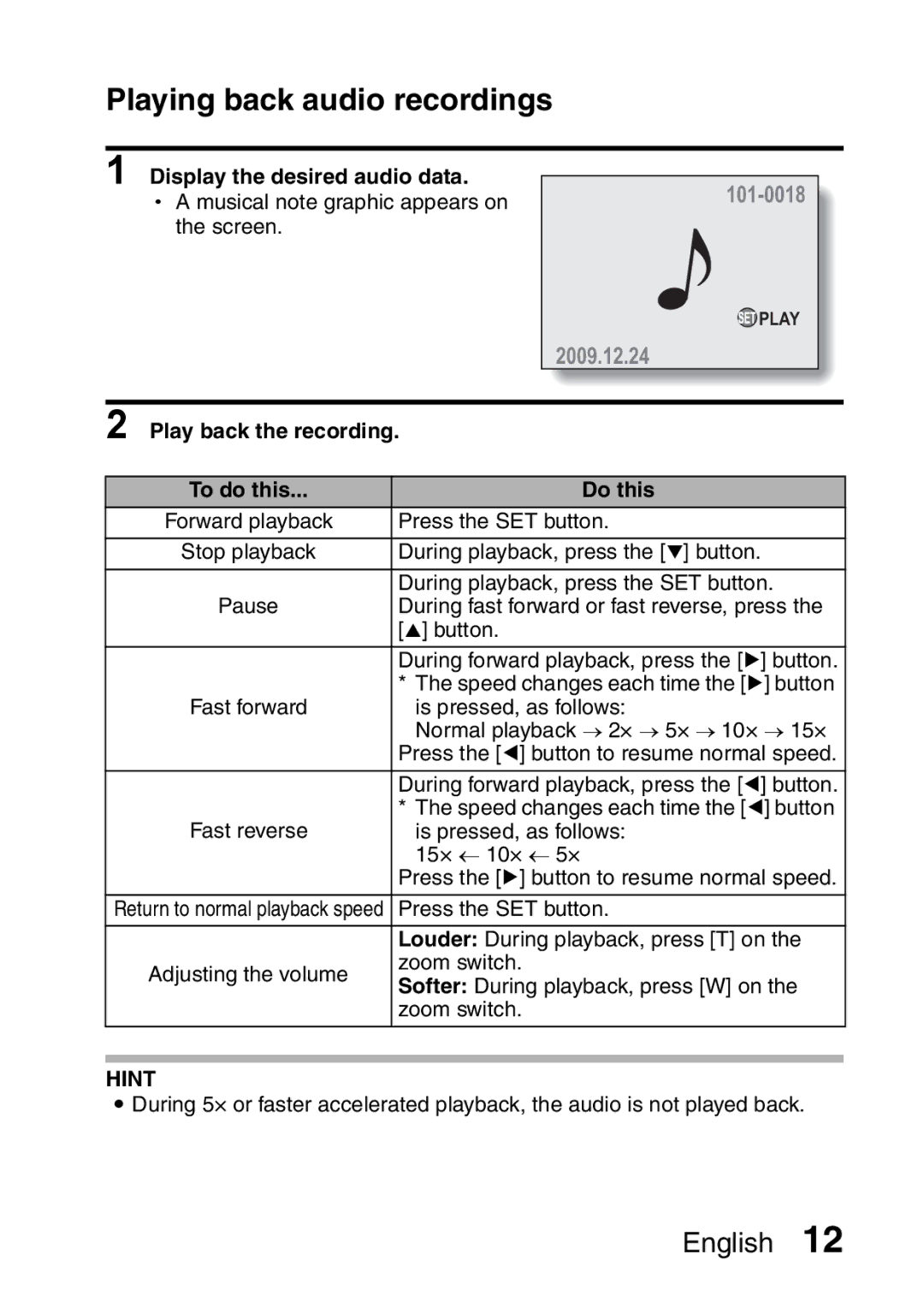 Sanyo VPC-X1200EX Playing back audio recordings, Display the desired audio data, Play back the recording, Do this 