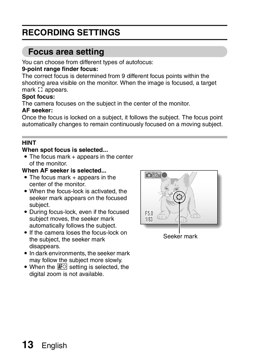 Sanyo VPC-X1200GX, VPC-X1200EX instruction manual Recording Settings, Focus area setting 