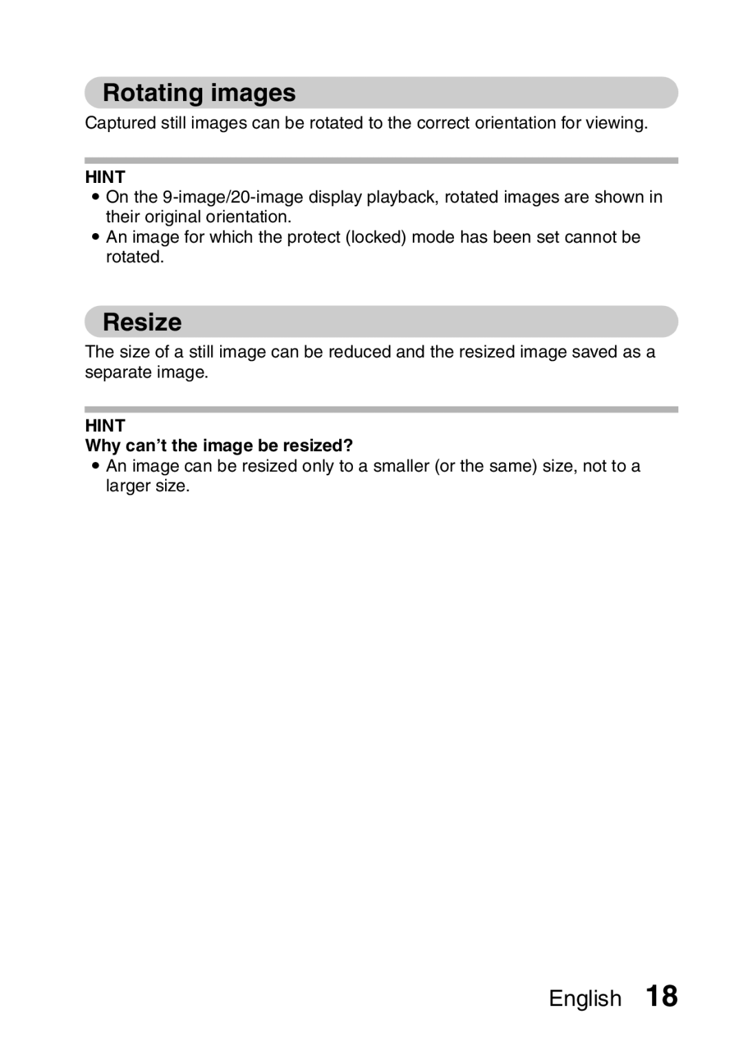 Sanyo VPC-X1200EX, VPC-X1200GX instruction manual Rotating images, Resize, Why can’t the image be resized? 