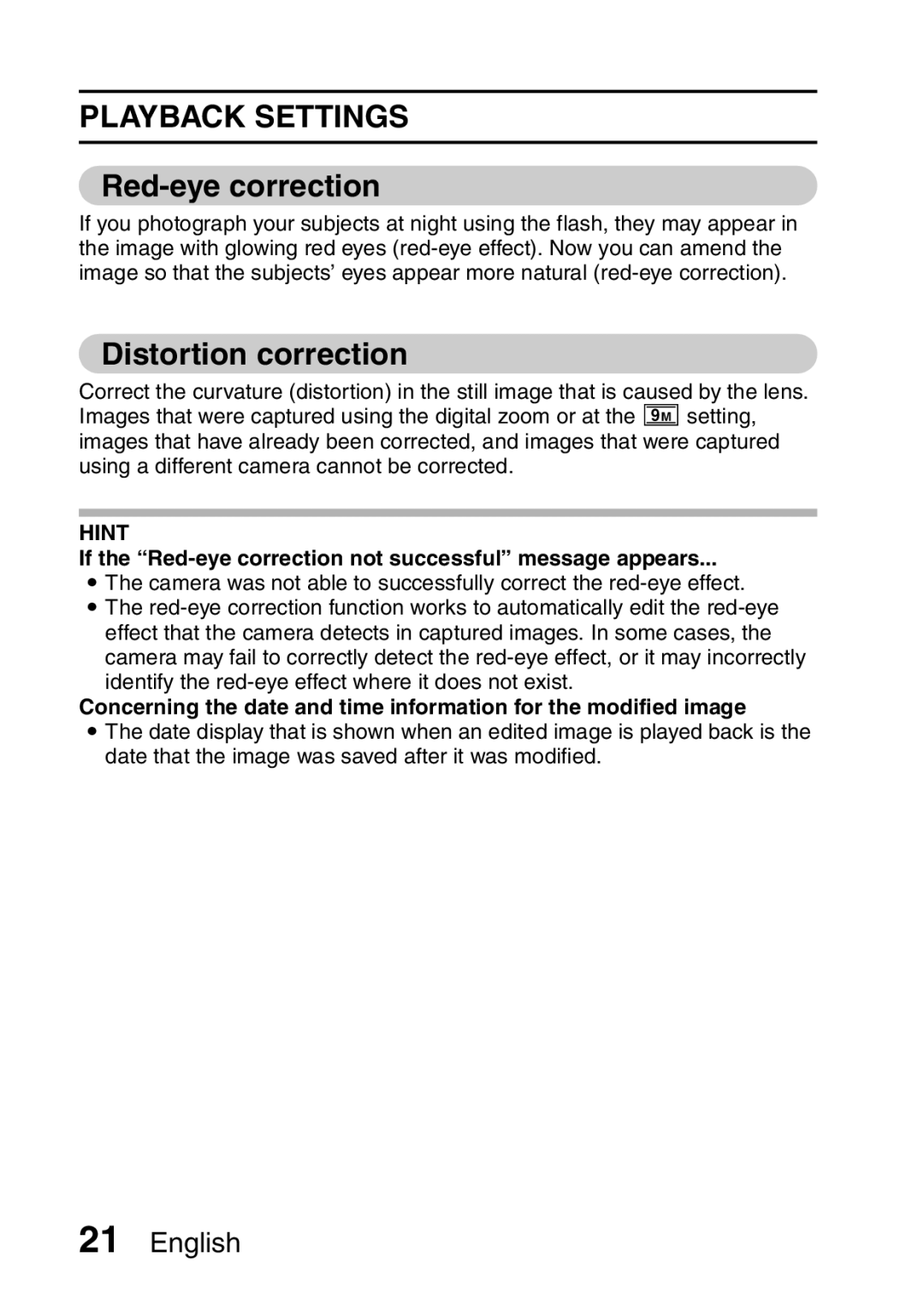 Sanyo VPC-X1200EX, VPC-X1200GX Distortion correction, If the Red-eye correction not successful message appears 