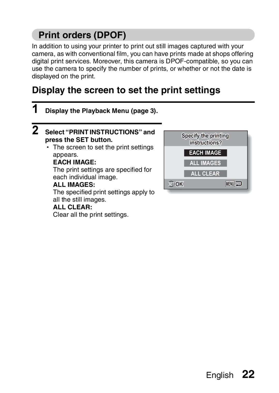 Sanyo VPC-X1200GX, VPC-X1200EX instruction manual Print orders Dpof, Display the screen to set the print settings 