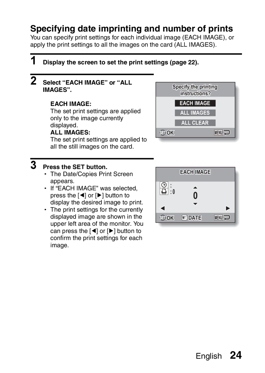 Sanyo VPC-X1200EX, VPC-X1200GX instruction manual Specifying date imprinting and number of prints, Press the SET button 